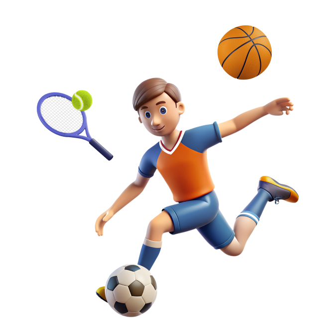 Illustration of a boy playing various sports including soccer, basketball, and tennis